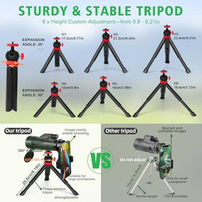 12x60 HD Monocular Telescope for Adults with Smartphone Adapter Tripod Hand Strap - High Power Monoculars Equipped with Large BAK4 Prism & FMC Lens - Suitable for Bird Watching Sports Hiking Traveling