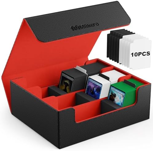 Mlikero Card Deck Case, 1800+ Trading Card Storage Box with 10 Dividers and 3 Foam Stoppers, Leather Magnetic Closure Commander Deck Box Fit for YuGiOh, MTG and Sport Cards(Black&Red)
