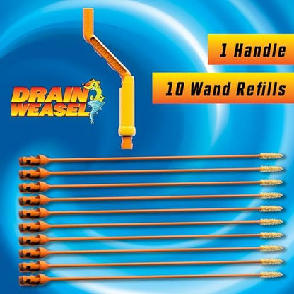 FlexiSnake Drain Weasel Sink Snake Hair Clog Remover Tool, Sink, Pipe, Bathroom, Bathtub Drain Cleaner, 18-inch Long, Flexible, Made in The USA, 10 Pack Wand Refills and Removable Handle