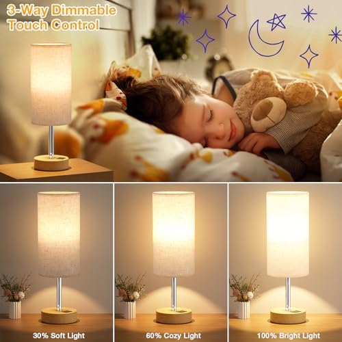 Touch Bedside Table Lamp with USB - 3 Way Dimmable Wood Lamp for Bedroom Nightstand, Desk Lamp with Charging Station for Dorm, Living Room, Office, Kids Room, Nursery, Small