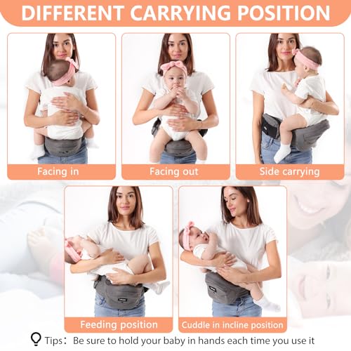 HKAI Baby Hip Carrier, Mom’s Choice Award Winner, Baby Carrier with Adjustable Waistband & Breathable Mesh, Ergonomic Carrier with Non-Slip Hip Seat Surface for Newborns & Toddlers, (Grey)