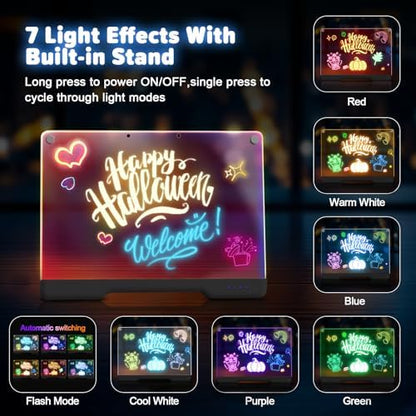 16-Inch Rechargeable Doodle Glow LED Note Board, 7-Color Light Modes, Neon Art Dry Erase Light Up Drawing Pad with Built-in Stand, Sketching Gift Toy for Kids/Girls/Teens, 5 Markers & Tracing Book