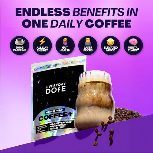 Everyday Dose Bold Medium Roast Mushroom Coffee 90mg Caffeine per serving with Grass-Fed Collagen, Chaga, Lions Mane & L-Theanine for Better Focus, Energy, Digestion, Skin, and Immunity 30 Servings