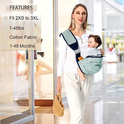 Baby Sling Carrier, Baby Carrier Newborn to Toddler(7-45lbs), Toddler Carrier with Safety Buckle, One Shoulder Adjustable Shoulder Strap, One Size Fits All, Green