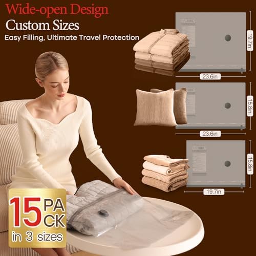 Vacuum Bags for Travel with Rechargeable air Pump, 15 Pack Carry-on Size Compression Packing Bags for Luggage and Suitcase, Space Saver for Clothes and Clothing Travel