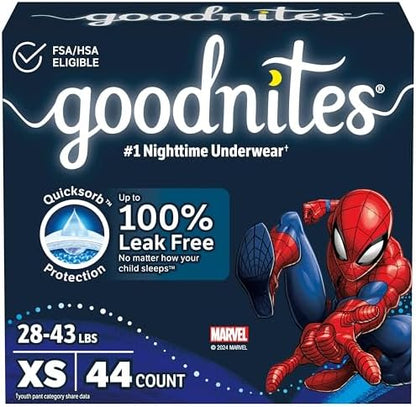 Goodnites Boys' Nighttime Bedwetting Underwear, Size Extra Small (28-43 lbs), 44 Ct (2 Packs of 22), Packaging May Vary
