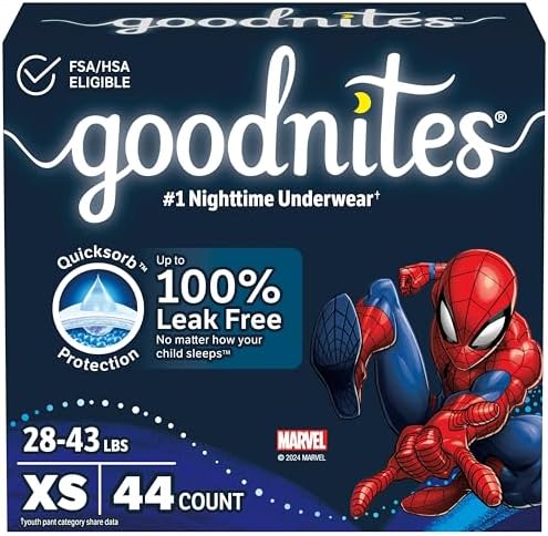 Goodnites Boys' Nighttime Bedwetting Underwear, Size Extra Small (28-43 lbs), 44 Ct (2 Packs of 22), Packaging May Vary