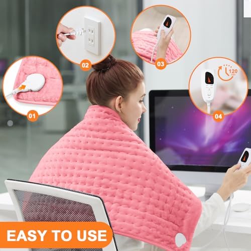 Heating Pad,Electric Heating Pads for Back,Hot Heated Pad for Abdomen,Shoulder,Knee,Multiple Temp and Auto Shut Off(BabyPink, 40''×20')