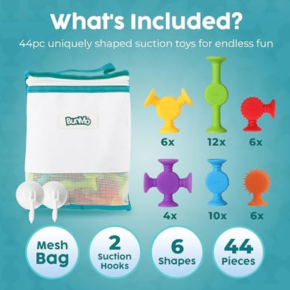 BUNMO Bath Toys Suction - Connect, Build, Create - Toddler Bath Toys - Hours of Fun & Creativity - Fine Motor Skills - Stimulating Sensory Toys - Non-Mouthable Toy 3+ - Textured 44 Pack