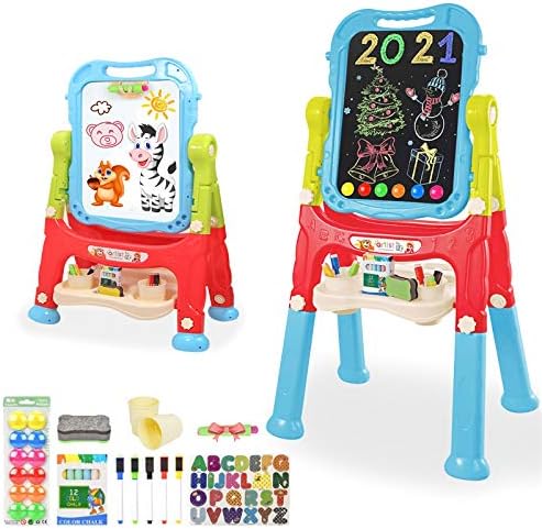 Easel for Kids,Rotatable Double Sided Adjustable Standing Art Easel with Painting Accessories for Toddlers Boys and Girls-Blue