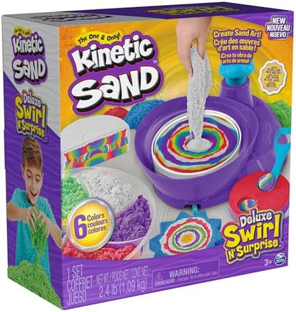 Kinetic Sand, Deluxe Swirl N’ Surprise Playset with 2.5lbs Play Sand (Red, Blue, Green, Yellow, White & Purple), 4 Tools, Sensory Toys for Kids