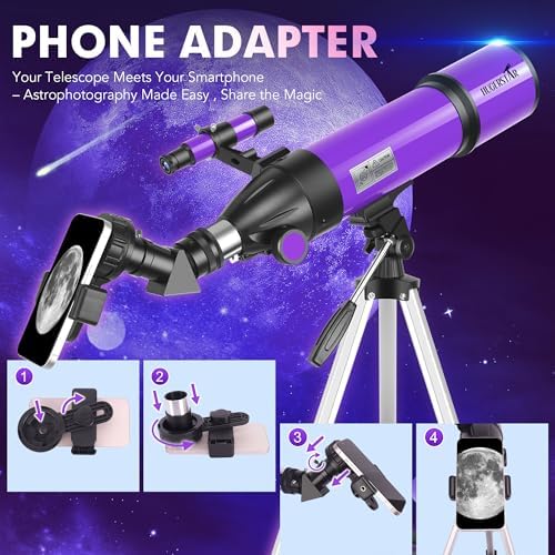 Telescope, Telescope for Adults & Kids & Astronomy Beginners, 80mm Aperture 600mm Portable Refractor Telescopes Fully Multi-Coated Optics with AZ Mount Tripod, Phone Adapter and Moon Filter