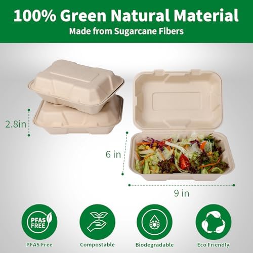 Aricsen Compostable 50 Pack 9x6 Inch Takeout Lunch Box Containers with Lid To Go Take Out Clamshell for Food, Disposable Eco-Friendly Biodegradable Bagasse, PFAS-Free, Brown