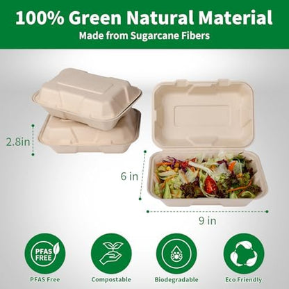 Aricsen Compostable 50 Pack 9x6 Inch Takeout Lunch Box Containers with Lid To Go Take Out Clamshell for Food, Disposable Eco-Friendly Biodegradable Bagasse, PFAS-Free, Brown