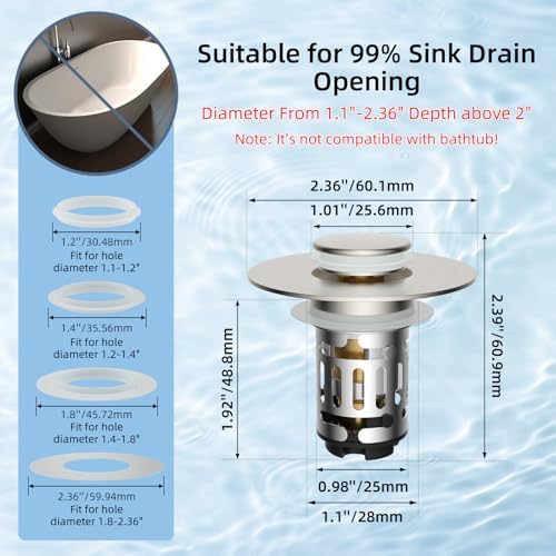 Hibbent Upgraded 3 in 1 Bathroom Sink Drain Strainer, Universal Pop Up Stopper with Removable Stainless Steel Filter Basket Hair Catcher, Sink Plug for 1.1''~2.36'' Basin, Brass Core, Brushed Nickel