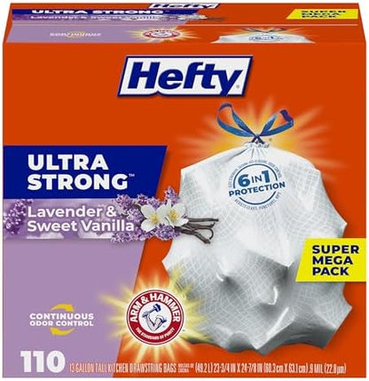 Hefty Ultra Strong 13 Gallon Trash Bags, Tall Kitchen Trash Bags 13 Gallon Size, Drawstring Closure, Continuous Odor Control, White, Lavender and Sweet Vanilla Scent, 110 Bags