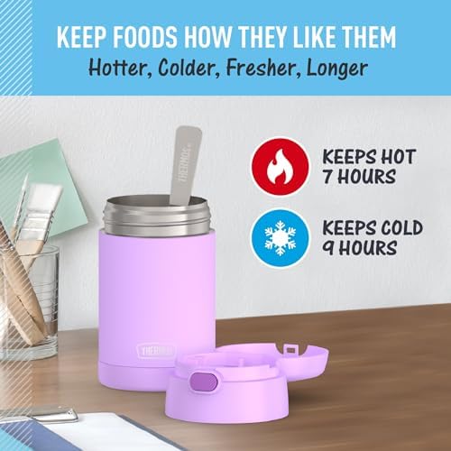 THERMOS FUNTAINER 16 Ounce Stainless Steel Vacuum Insulated Food Jar with Folding Spoon, Neon Purple
