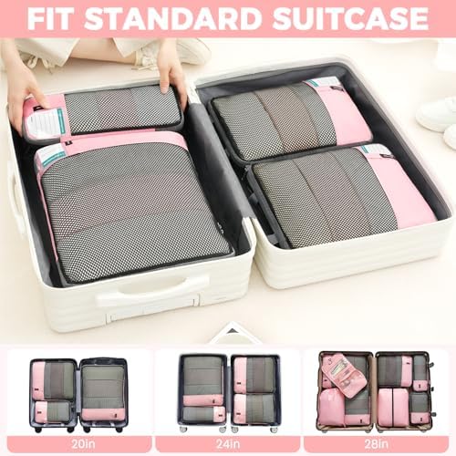 BAGAIL 4/6 Set/8 Set Compression Packing Cubes Travel Accessories Expandable Packing Organizers(HalfMesh, 8-Pink)
