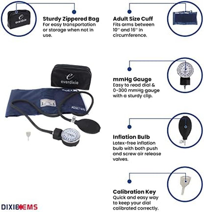 Dixie Ems Deluxe Aneroid Sphygmomanometer Blood Pressure Set W/Adult Cuff, Carrying Case and Calibration Tool - Navy