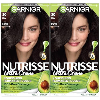 Garnier Hair Color Nutrisse Nourishing Creme, 20 Soft Black (Black Tea) Permanent Hair Dye, 2 Count (Packaging May Vary)