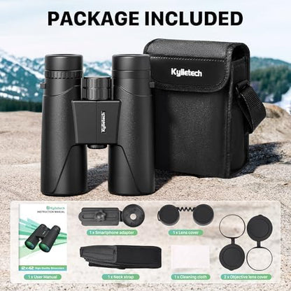 12X42 Binoculars for Adults with Universal Phone Adapter, HD Waterproof Fogproof Compact Binoculars for Bird Watching, Hunting, Hiking, Sports, and Concerts with BAK4 Prism FMC Lens