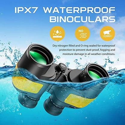 Hooway 7x50 Waterproof Fogproof Military Marine Binoculars w/Internal Rangefinder & Compass for Navigation,Boating,Fishing,and More
