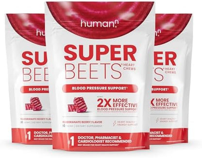 HumanN SuperBeets Heart Chews, Nitric Oxide and Blood Pressure Support, Grape Seed Extract & Non-GMO Beet Root Powder Energy, Pomegranate Berry Flavor, 180 Count