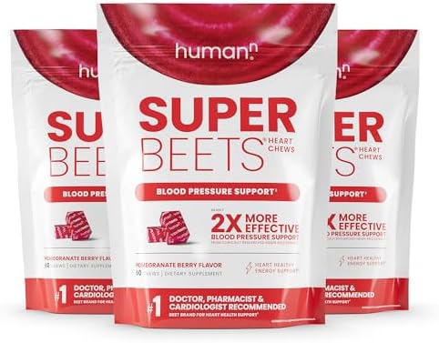 HumanN SuperBeets Heart Chews, Nitric Oxide and Blood Pressure Support, Grape Seed Extract & Non-GMO Beet Root Powder Energy, Pomegranate Berry Flavor, 180 Count