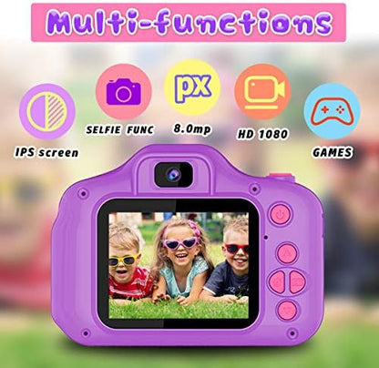 Seckton Upgrade Kids Selfie Camera, Christmas Birthday Gifts for Girls Age 3-9, HD Digital Video Cameras for Toddler, Portable Toy for 3 4 5 6 7 8 Year Old Girl with 32GB SD Card-Purple