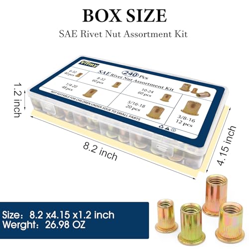 SAE Rivet Nut Assortment Kit(240Pcs),#6-32#8-32#10-24 1/4"-20 5/16"-18 3/8"-16 UNC Rivnut Threaded Insert Nut Set,Zinc Plated Finish Carbon Steel Nutsert