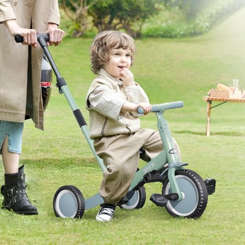 newyoo Toddler Tricycle with Push Handle for 1-3 Year Old, Toddler Bike, Birthday Gifts and Toys for Boys and Girls, 5 in 1 Kids Trike, Convert to Baby Balance Bike, Green, TR007