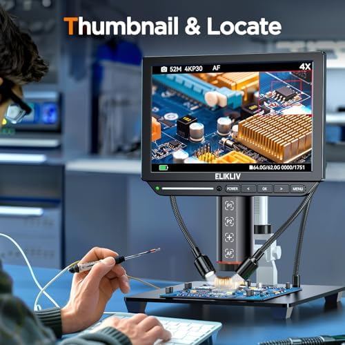 Elikliv Autofocus 4K Digital Microscope EM4K-AF, 52MP Soldering Microscope for PCB Repair, Coin Inspection & Watchmaking, 2000X Magnifier Scope, 8" IPS Screen, HDMI/USB Output, 10" Stand, 64GB Card