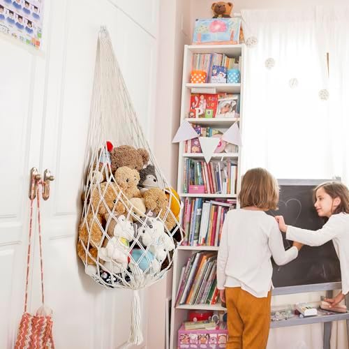 Stuffed Animal Storage Organizers Corner Hanging Net Stuffy Animal Hammock Macrame Toy Display Plush Toy Holder Wall, Kid Bedroom Decor Boho Nursery Playroom Organizer (Cream)
