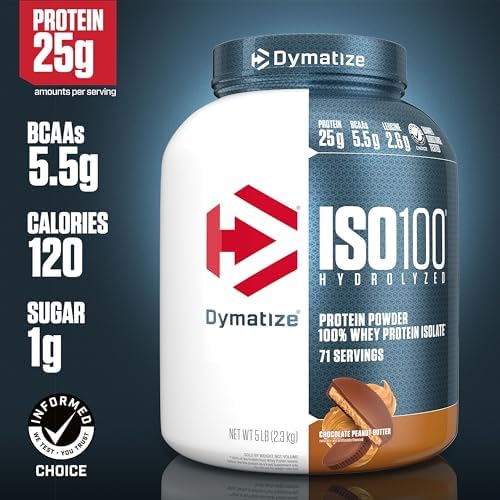 Dymatize ISO100 Whey Protein Powder Isolate, Chocolate Peanut Butter, 25g of Protein, 5 Pound, 5.5g BCAAs, Less Than 120 Cal., Gluten Free, 1g Fat, 1g Sugar, 2g Carb (71 Servings)