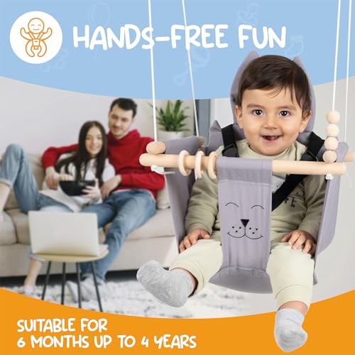 Indoor Outdoor Baby Swing with 3-Point Harness and Hardware for Ceiling, Porch, Doorway, Canvas Baby Swing Outdoor Toddler Swing Seat Grey