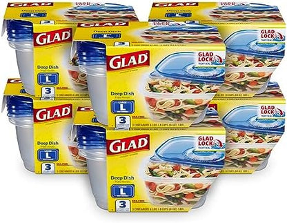 Glad GladWare Deep Dish Food Storage Containers, Large Rectangle - Meal Container Holds up to 64 Ounces of Food - Lock Tight Seal, 3 Count - 6 Pack