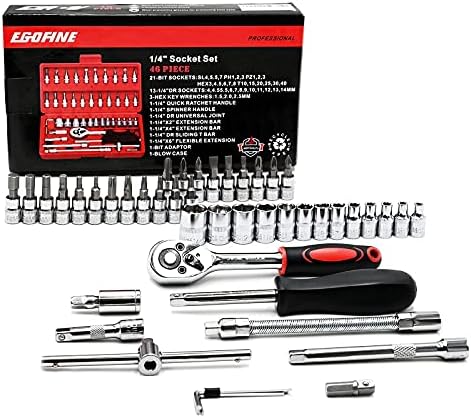 Egofine 46 Pieces 1/4 inch Drive Socket Ratchet Wrench Set, with Bit Socket Set Metric and Extension Bar for Auto Repairing and Household, with Storage Case