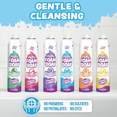 Tub Works® Fluffy Foam Soap, Variety 6 Pack | Shape, Mold & Create Bath Art with Soft Bath Foam for Kids | Gentle, Cleansing Kids Bath Soap | Easy-to-Use Spray Nozzles | Fruity, Fun Bath Colors