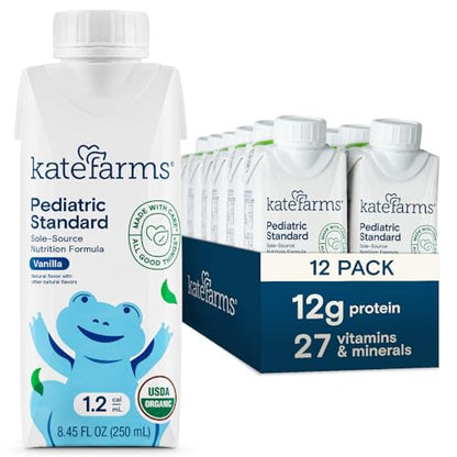 KATE FARMS Organic Pediatric 1.2 Sole-Source Vanilla Nutrition Shake, 12g protein, 27 Vitamins and Minerals, High Calorie Meal Replacement, Gluten Free, 8.45 oz (12 pack)