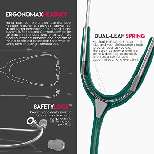 MDF Instruments, Acoustica Lightweight Stethoscope for Doctors, Nurses, Students, Home Health Use, Adult, Dual Head, Dark Green Tube, Silver Chestpiece-Headset, MDF747XP09