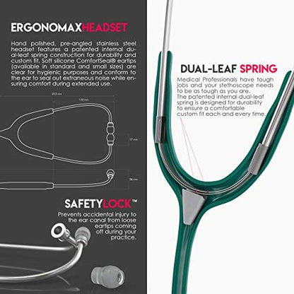 MDF Instruments, Acoustica Lightweight Stethoscope for Doctors, Nurses, Students, Home Health Use, Adult, Dual Head, Dark Green Tube, Silver Chestpiece-Headset, MDF747XP09