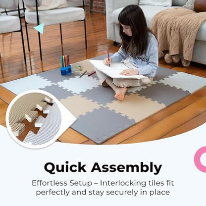 MioTetto Foam Floor Tiles for Kids - Non-Toxic Comfortable Baby Play Mat and Interlocking Foam Tiles, Fits with 50x50 Playpen Mat for Crawling & Development, Soft Play Mat for Babies 6-12 Months