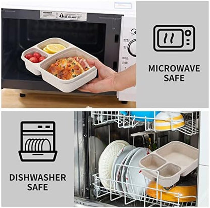 4 Pack Bento Lunch Box Set 3 Compartment Food Storage Containers Wheat Straw Meal Prep Lunch Box Plastic Food Storage Containers, Microwave and Dishwasher Safe (light colour)