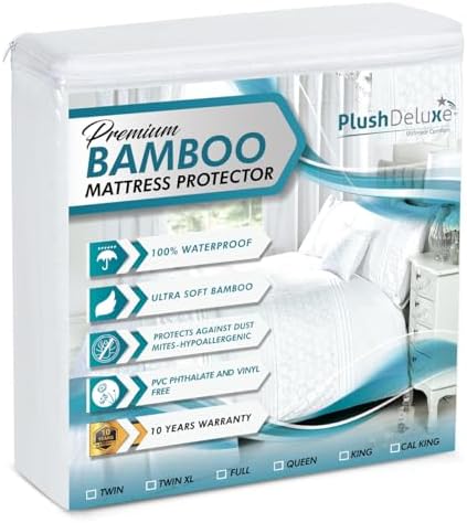PlushDeluxe Premium Bamboo Mattress Protector – King Size, Waterproof, & Ultra Soft Breathable Noiseless Washable Bed Mattress Cover for Comfort & Protection - White