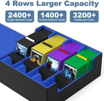 Mlikero Card Deck Case, 2400+ Trading Card Storage Box with 10 Colorful Dividers and 4 Foam Stoppers, Leather Magnetic Closure Commander Deck Box Fit for MTG, TCG (4 Rows, Black&Blue)