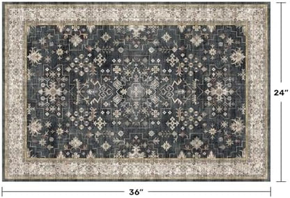 Black Washable Entry Rug, 2x3 Small Rugs for Entryway Kitchen Bathroom Door Mat Indoor Entrance, Non Slip Rubber Backing, Stain & Fade Resistant, Ashen Charcoal Floral Decor