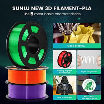 SUNLU PLA Filament Bundle 1.75mm, 3D Printer Filament, Dimensional Accuracy +/- 0.02 mm,1kg Spool, 10 Rolls, Black+White+Grey+Blue+Green+Transparent (Purple+Green+Orange+Blue+Red)