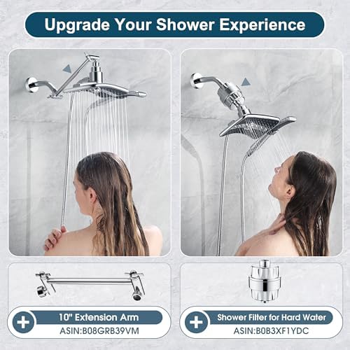 BRIGHT SHOWERS High Pressure Dual Shower Head Combo, Handheld Showerhead Rainfall Shower Head Combo with Black Face, 60 Inch Long Stainless Steel Shower Hose, Chrome