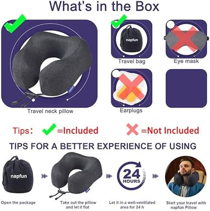 napfun Travel Pillow, Travel Accessories & Travel Essentials for Airplane Upgraded 100% Pure Memory Foam Travel Neck Pillow for Flight Headrest Sleep, Portable Plane Necessities, Full Black