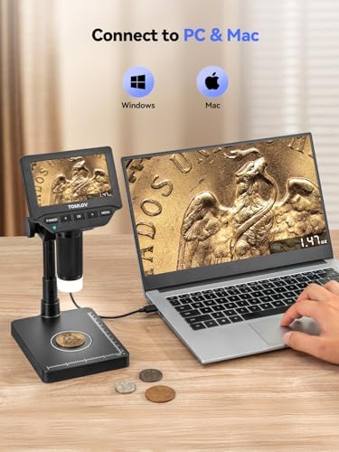 TOMLOV DM4W Microscope with Weighing Scale: 4.3" Digital Coin Microscope with Screen, Error Coin Magnifier with Lights, Weight Scale for Collectors, Jeweler, Students, Compatible with Windows/Mac